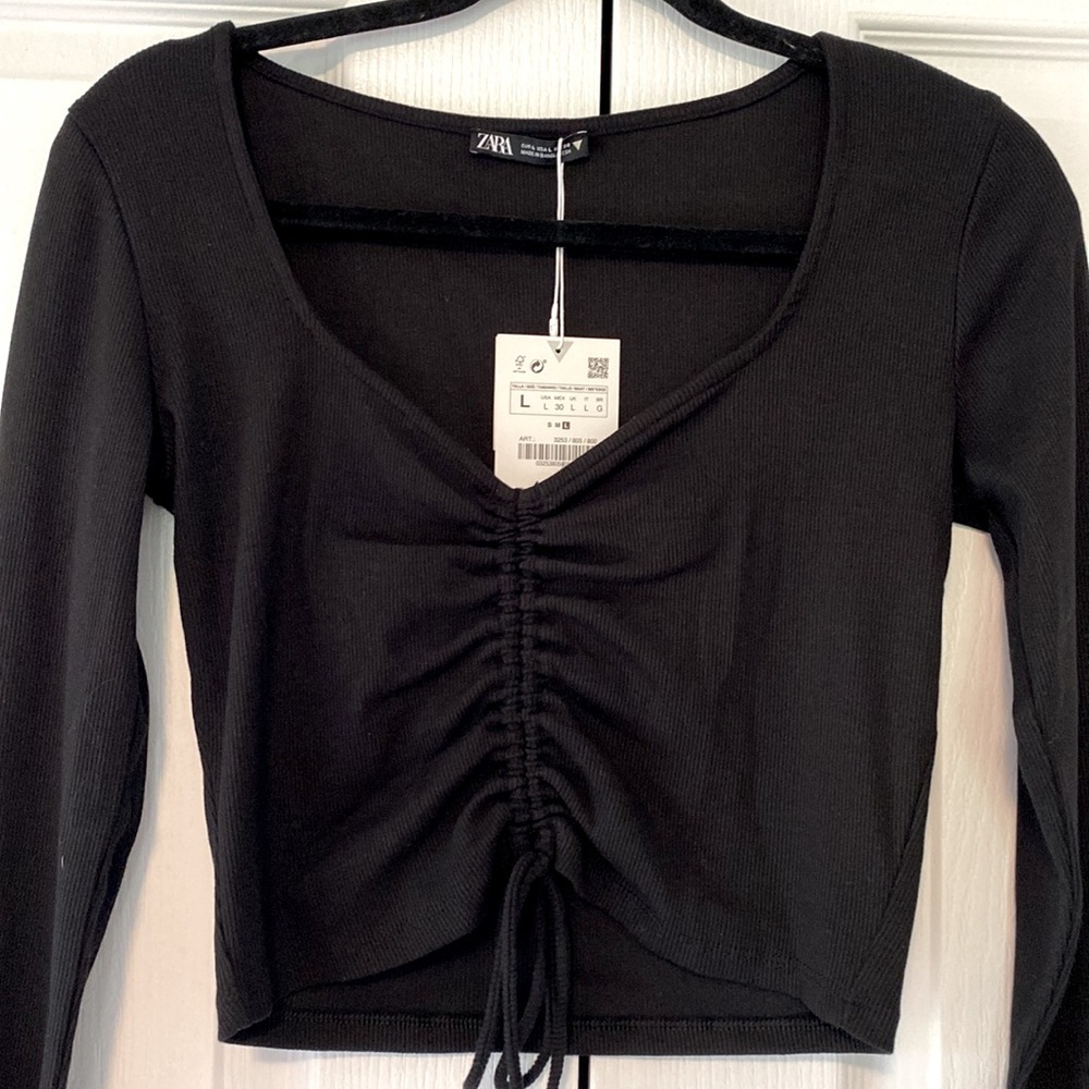 NWT Zara Black Ruched Long Sleeve Top - Picture 2 of 8